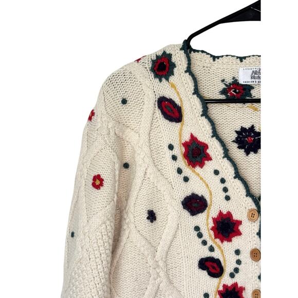 Alba Moda Wool Troylean VTG Floral Embroidered Cardigan Wood Buttons M Austrian - Picture 12 of 13